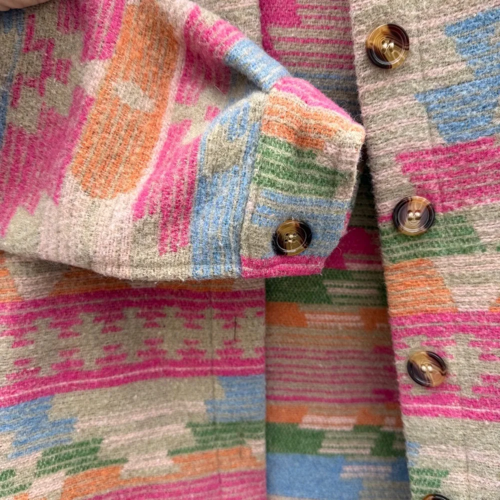 Pink Western Aztec Southwestern Button Flap Pocket Collared Shacket Small